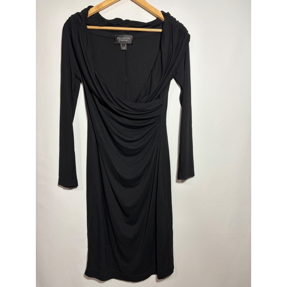 St John Couture Dress Women 8 Black Draped Neck Ruched Long Sleeve Knee Length - Picture 3 of 10